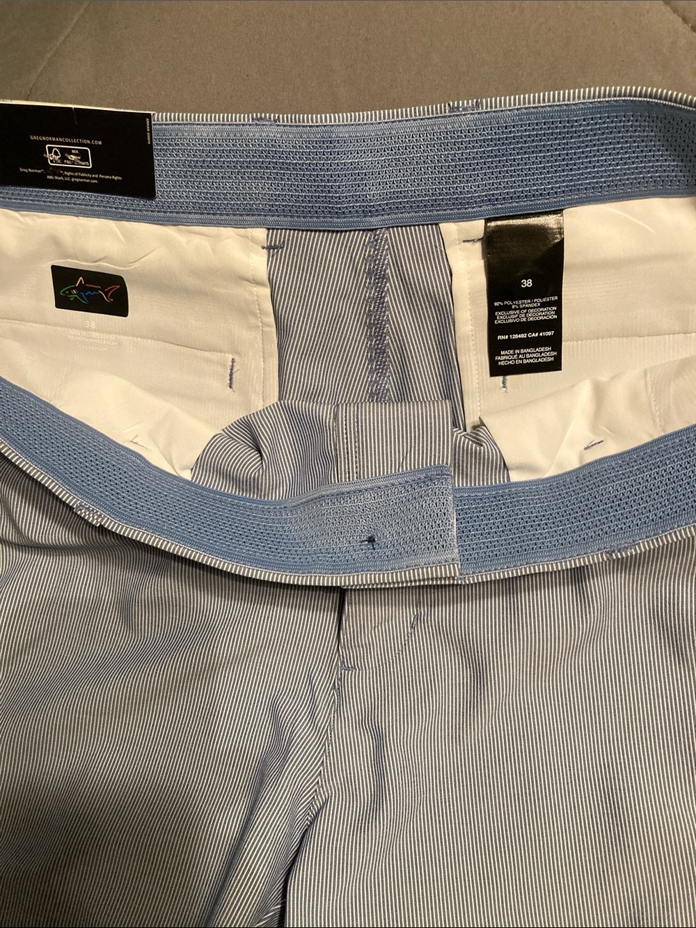 Greg Norman Collection Light Blue and White Pinstripe Men’s Flat Front Shorts